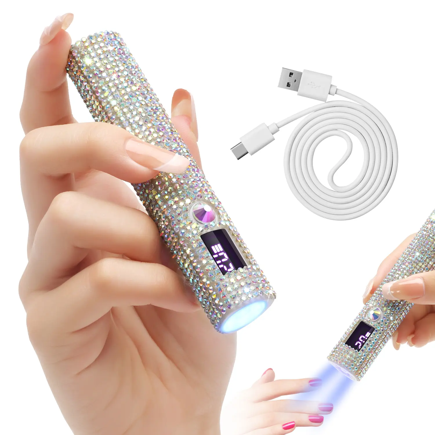 Handheld UV LED Mini Nail Lamp with Rhinestones, Fast Drying Gel Polish Nail Dryer, USB Rechargeable with 200mAh Battery, Portable Nail Light for Fingers & Toes, Valentine’s Day Gift