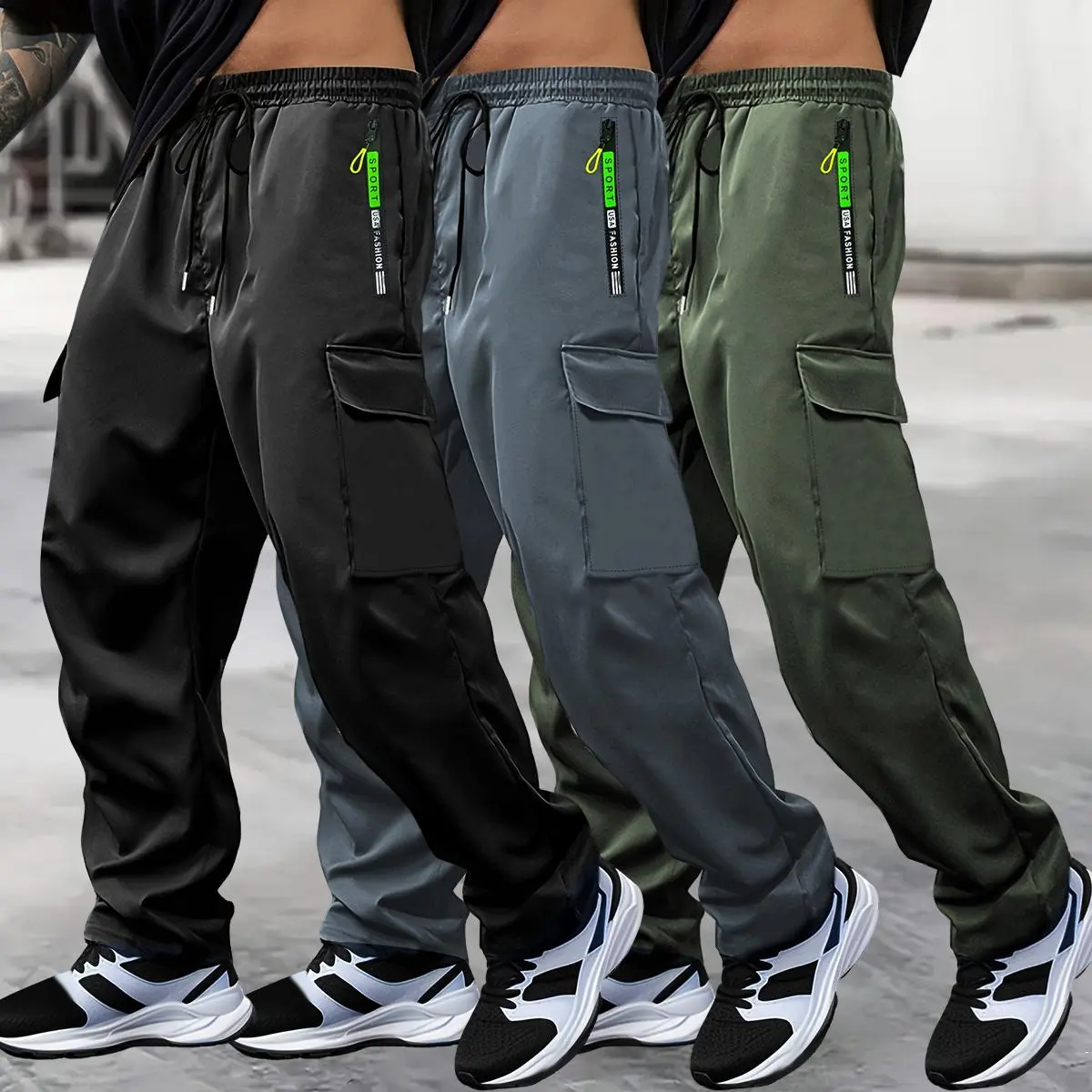 Men’s cargo pants, 3-piece set; drawstring waist, multiple pockets, utility/workwear style; durable machine-washable fabric; suitable for outdoor leisure travel and all seasons; casual outdoor work trousers; street-style casual pants., Mid Waist, Basic ti