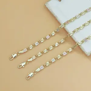 1pc 14K Gold Tri-Color Mariner Link Bracelet for Women – Polished Floral Engraved Three Tone Gold Chain Bracelet, Dainty Jewelry Gift for Her