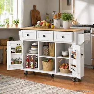ARCH White Rolling Kitchen Cart with 53"x29.5" Rubber Wood Drop-Leaf Countertop, 5 Castor Wheels, 3 Drawers, Storage Cabinet with Internal Adjustable Racks, Multi-Shelving, Easy-Setup Rolling Island, Furniture for Kitchen & Studio Apartment Furniture