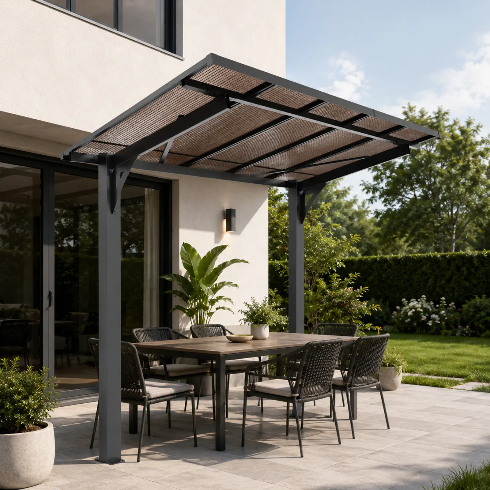 8x5 FT Outdoor Patio Awning Shelter with Sloped Tinted PC Rainproof Roof, Galvanized Steel Frame Canopy for Bike Parking, Patio Seating & Backyard Storage, Sunproof Snowproof Cover