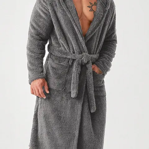 Men's Gray Plain Coral Fleece Hooded Fuzzy Bathrobe, Home Bathrobes, Warm, Soft, Skin-Friendly, Home Leisure Style Loungewear, Warmth After Bathing, and Bedroom Relaxation