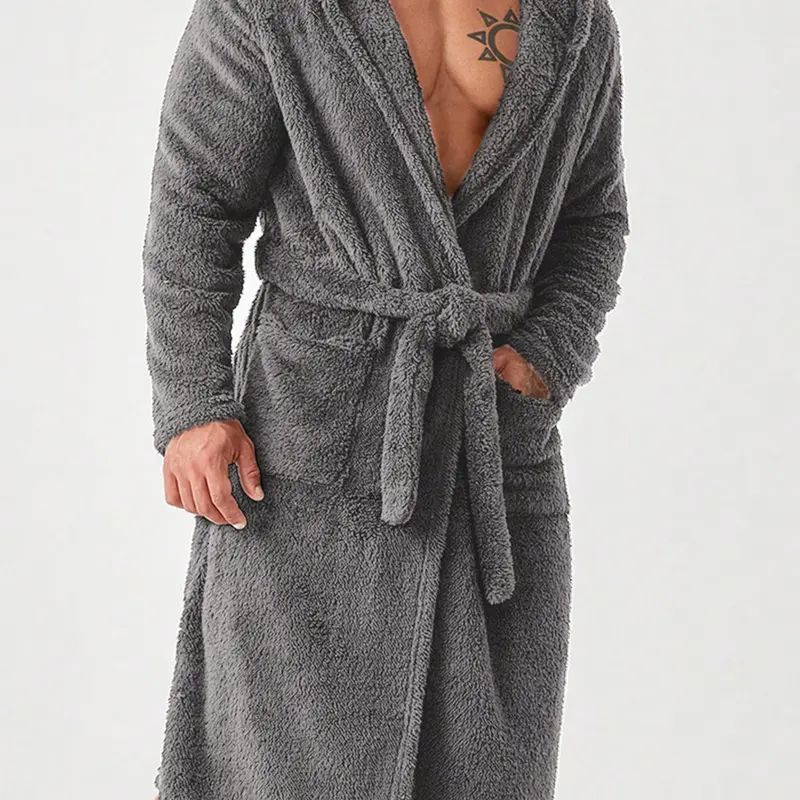 Men's Gray Plain Coral Fleece Hooded Fuzzy Bathrobe, Home Bathrobes, Warm, Soft, Skin-Friendly, Home Leisure Style Loungewear, Warmth After Bathing, and Bedroom Relaxation