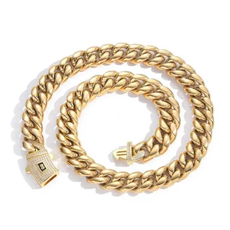 Men's 14mm 14K Solid Gold Miami Cuban Link Matching Jewelry Set, Hip-Hop Statement Necklace & Bracelet with Diamond Clasp (Jewelry Sets for Boss Style)