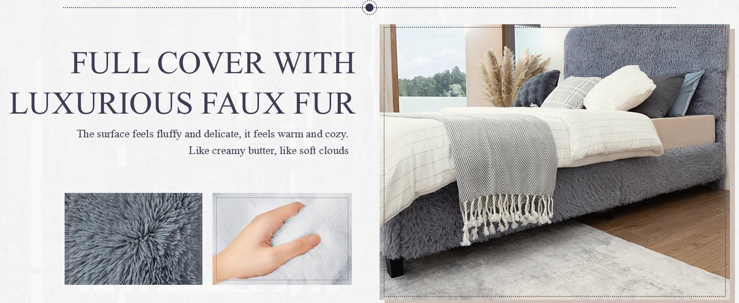 Yechen Bed Frame with Tall Headboard, Round Deluxe Soft Faux Fur Bedframe, Boho Boucle Cloud Upholstered Plush Bed with Metal Frame and Wood Slats, No Box Spring Required, Easy Assembly, (Beige, Grey) (Twin, Full, Queen)