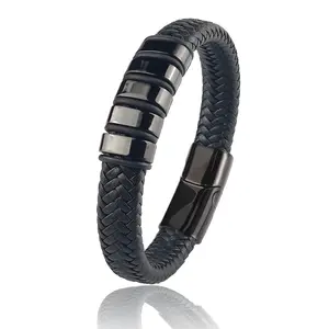 Men's Stainless Steel Leather Bead Bracelet