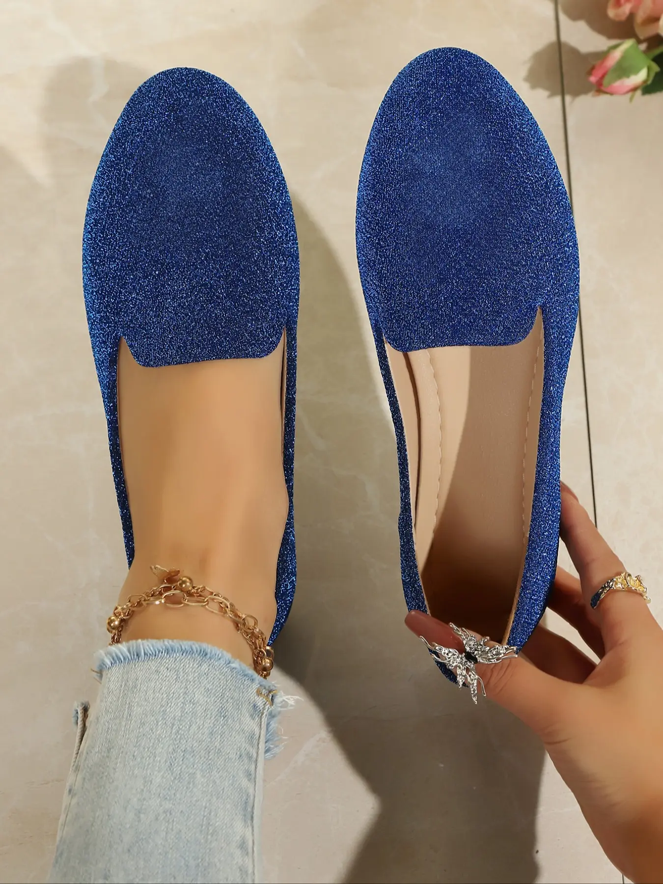 Women's Glitter Glossy Slip-On Flat Shoes, Glitter Flats, Soft Comfort Anti-Slip Fashionable Loafers, All-Season Casual Footwear for Daily Commute, Shopping, Parties