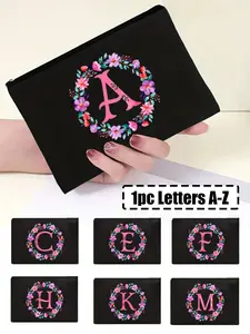 Personalized Letter Makeup Bag, Fashion Watercolor Floral Cosmetic Pouch, Zipper Travel Toiletry Kit, Nail Polish Organizer, Gift Bag, Makeup Storage Bag