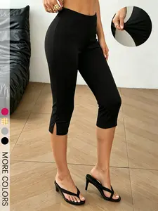 Women's Black Split Hem Capri Pants, High Waist Stretchy Slim Fit Bottom, for Casual Daily Wear