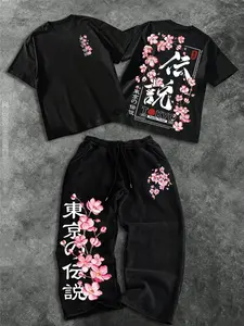 Men's Fashion Cultural Casual Two-Piece Set, Soft Comfortable Tokyo Legend & Sakura Print Round Neck T-Shirt and Drawstring Wide Leg Pants