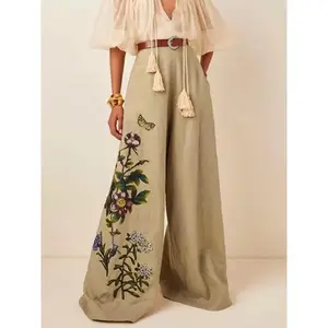 Women's Floral Print Pocket Wide Leg Pants, Boho Casual Trousers for Spring & Fall, Women's Bottoms for Daily Wear