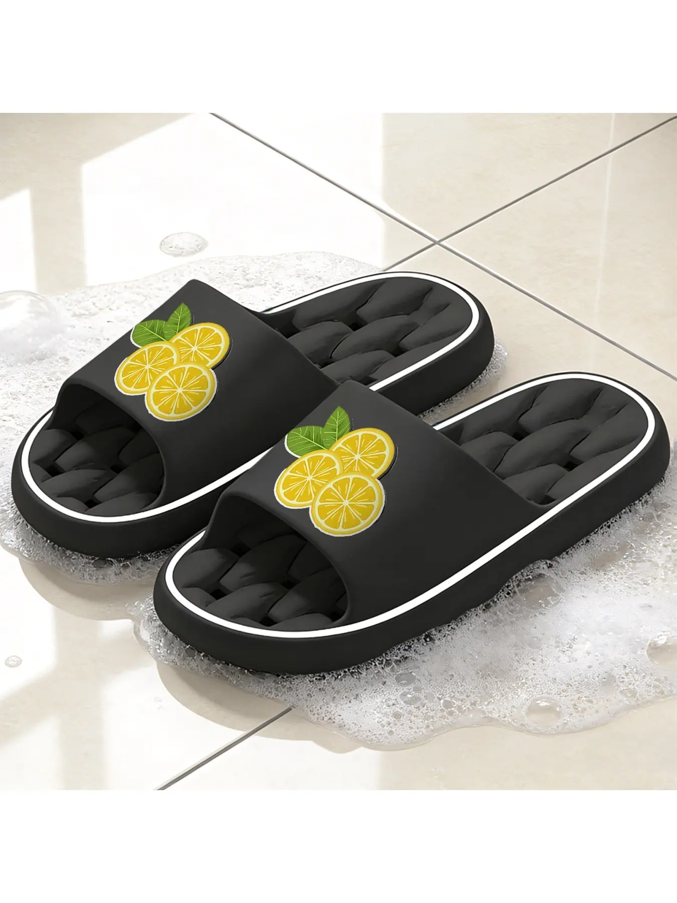 Fresh Lemon Slices with Leaves Print Quick-Dry Hollow Out Slide Slippers, Non-Slip Drainage Bathroom Shower Shoes, Soft Cushioned Home Sandals for Summer & Citrus Style Lovers