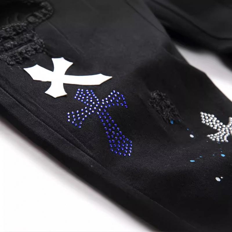 European and American High Street Black Cross Badge Rhinestone Distressed Jeans Men's Slim Fit Casual Long Pants Trendy Brand Streetwear Menswear