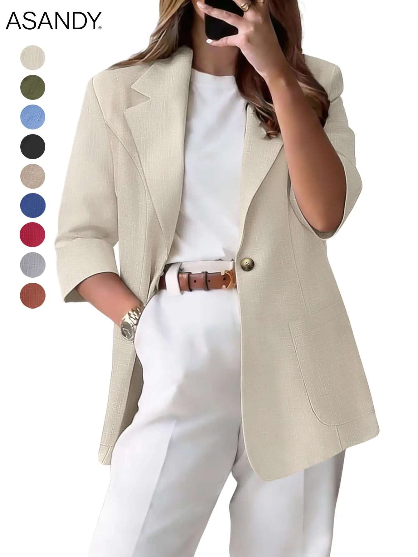 ASANDY Women's Linen Blend Blazer, a Casual Lightweight Style with 3/4 Sleeve, Essential Suit Jacket for Office Wear
