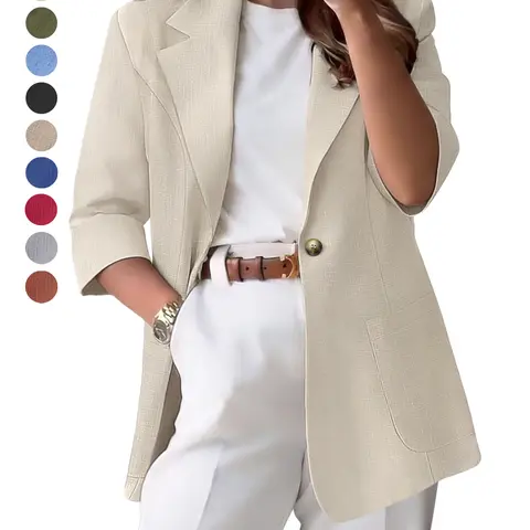 ASANDY Women's Lady Essential Linen-Blend Suit Blazer - Lightweight, Open-Front, 3/4 Sleeve, Comfortable Elegance Fabric Office Wear Jacket for Stylish Daily Outfits