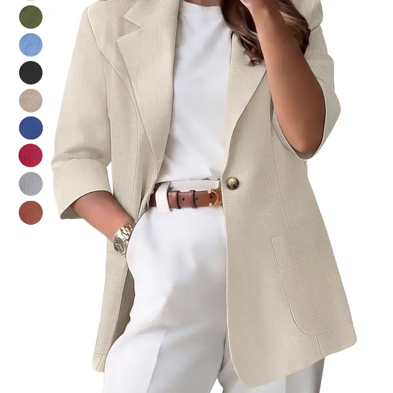 ASANDY Women's Lady Essential Linen-Blend Suit Blazer - Lightweight, Open-Front, 3/4 Sleeve, Comfortable Elegance Fabric Office Wear Jacket for Stylish Daily Outfits