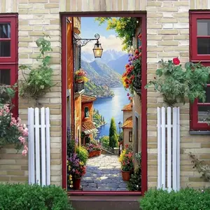 Italian Village Polyester Decorative Door Panel, No Installation Required, Lake Plant Feature, Perfect for Front Door & Bedroom Door