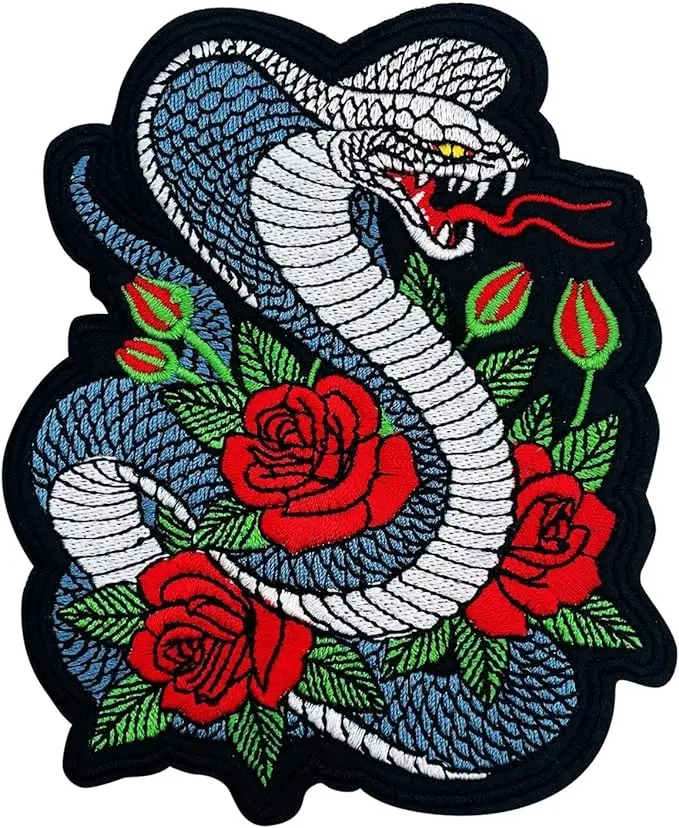 Iron On Patches, Snake and Roses Patch, Cobra Punk Patch Embroidered Badge Sew On Emblem Applique DIY Accessories for Jackets, Clothes, Hats, Backbags, Pants & Jeans. 4"x 5"
