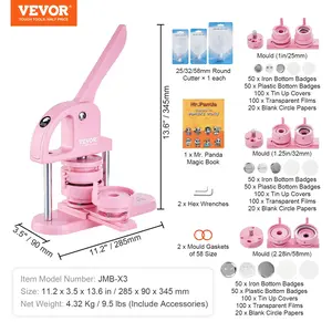 VEVOR 3-IN-1 Button Maker, 1/1.25/2.28 inch(25/32/58mm) Pin Maker, 300pcs Button Parts, Button Maker Machine with Panda Magic Book, Ergonomic Arc Handle Punch Press Kit, For Children DIY Gifts, Pink