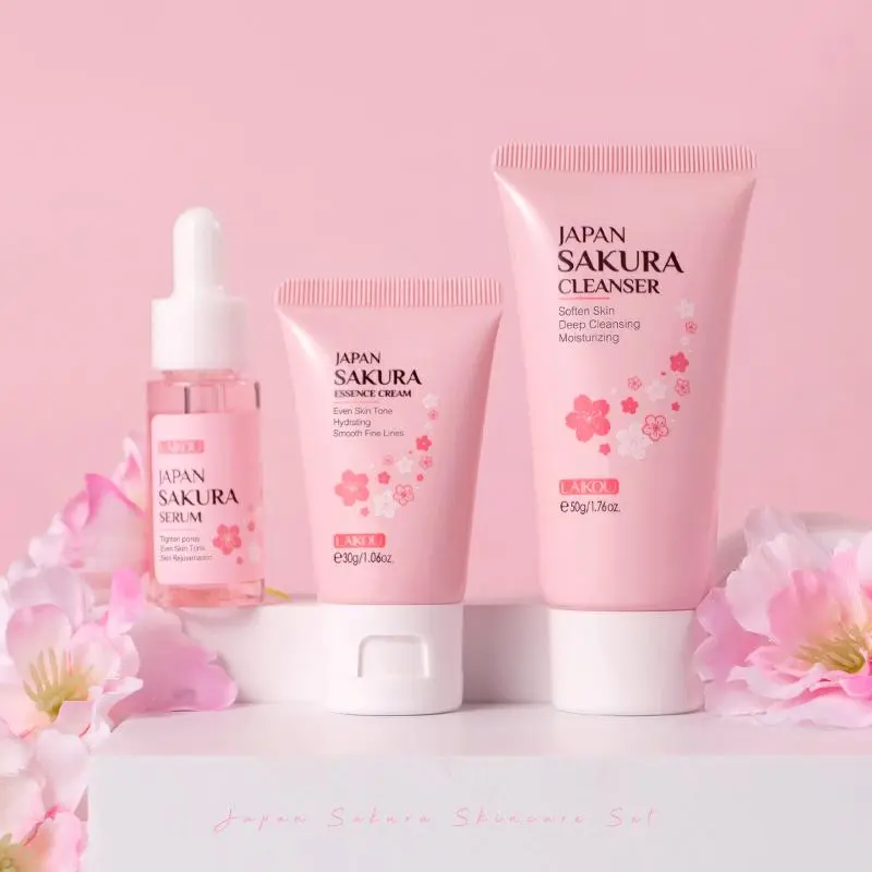 Cherry Blossom Facial Care Set, Including Sakura Essence Cleanser & Moisturizing Serum & Cream, Facial Skin Care Kits for Daily Use, Summer Gift, Hydrating
