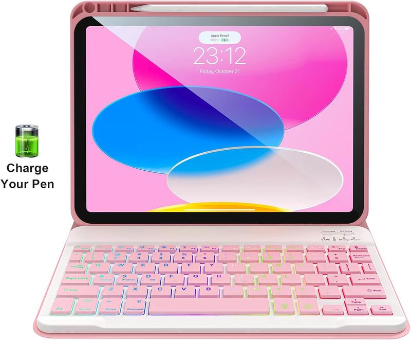 Keyboard Case for iPad 11th Gen 2025 and 10th Gen 10.9 Inch Pink Protective Cover with Pencil Holder 7 Color Backlit Detachable Wireless Keyboard
