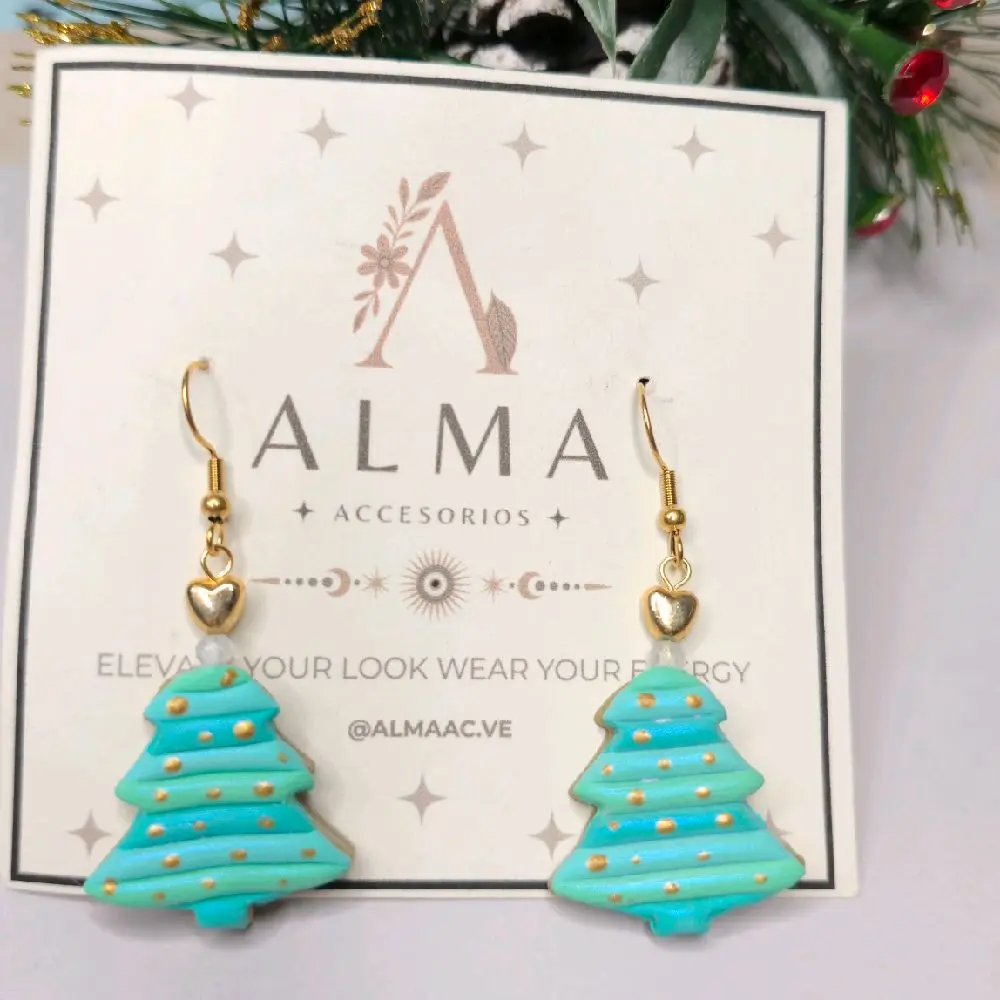 ALMA Accesorios Handmade Christmas Tree Earrings Lightweight Turquoise Holiday Jewelry Christmas Gift for Her Fashion Earrings Polymer Clay Earrings