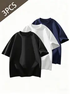 3 Piece Set Solid Color Basic T-Shirts, Loose Round Neck Short Sleeve, Multi-Color Casual Comfortable Tee Tops for Daily Wear