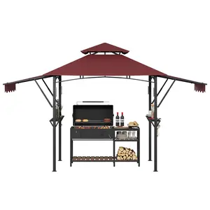8x5 Outdoor Grill Gazebo BBQ Canopy with Adjustable Dual Side Awnings, Vented Double Tier Roof, Heavy Duty Shelter with 10 Hooks, Ceiling Light Hook 4 LED Lights for Patio Backyard
