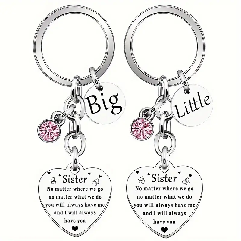 Stainless Steel Graphic Split Heart Keychain Duo, 2-Piece Left-Right Inspirational Quotes Cute Fashion Accessory, Friendship Bond Gift for Sisters