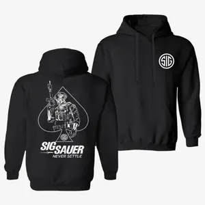 [Made In USA] SIG Sauer Never Settle Hoodie, Tactical Operator Military Inspired Design, Training Outdoor Streetwear, Patriotic Graphic, Soft Cozy Unisex Pullover