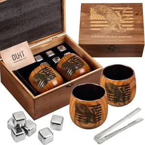 [Father's Day Gift]Ouht Charred Wooden Bourbon Drinking Glass 11oz Handcrafted Engraved Wood Whiskey Glass for Men Complete Luxury Set with 6 Stainless Steel Stones & Tong Perfect for Home Bars and Whiskey Lovers Drinkware Cup Traditional - Whisky