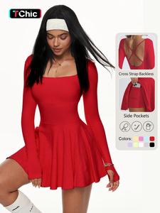 women's solid criss cross backless 2 in 1 sports dress, long sleeve square neck tennis dress, cheerleader dress, ballerina dress, tennis attire black girl, tennis attire, athletic dress, outdoor dress, activewear