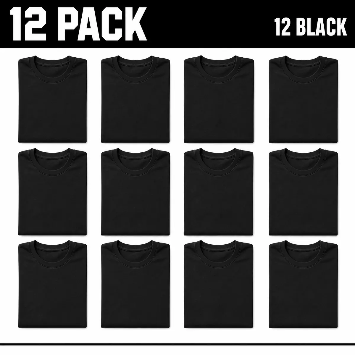 12 Pack Black T-Shirts - Available in Sizes S, M, L, XL, 2XL, 3XL - Perfect for Everyday Wear