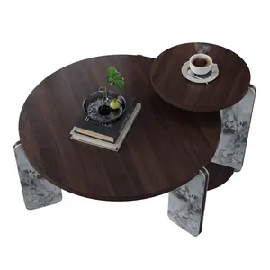 2-Piece Square Indoor Table Set - 25mm MDF Top, Sintered Stone Base, Water-Resistant Coating, Easy-Clean Multi-Use Furniture, Includes 4-Cornered, 2-Level, Circle, Disc-Shaped, Marble-Look Coffee & End Tables for Living Room, Four-Cornered Coffee Tables,