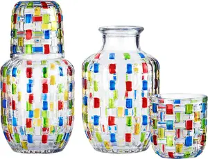 Bedside Carafe and Glass Pitcher Set of 4, Gifts for Women, Hand-Painted 16oz Glass Pitcher with Cup Lid -Christmas Gifts, Wedding & Bridal Shower Gift, Birthday Gift