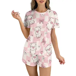 Pig Print Pajama Set - Cute White & Pink Short Sleeve Sleepwear Loungewear | Cozy TikTok Favorite Two-Piece Casual Outfit