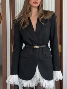 Elegant Blazer Jacket with Lace Trim Details, Waist Belt for Slim Fit, Chic Outerwear Top for Mature Style