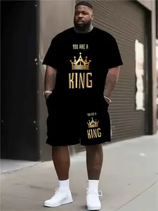 Men's Large Size King Print Fashion Round Neck Top Shorts Set, Comfortable Casual Wear for Home, Outdoors, Parties, Clothes
