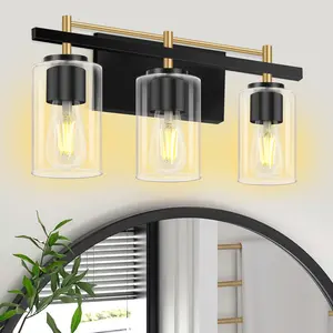 Bathroom Light Fixtures, Black&Gold Modern Vanity Lights with Clear Glass Shade, Bathroom Wall Lamp for Mirror Kitchen Living Room Hallway Cabinet Porch