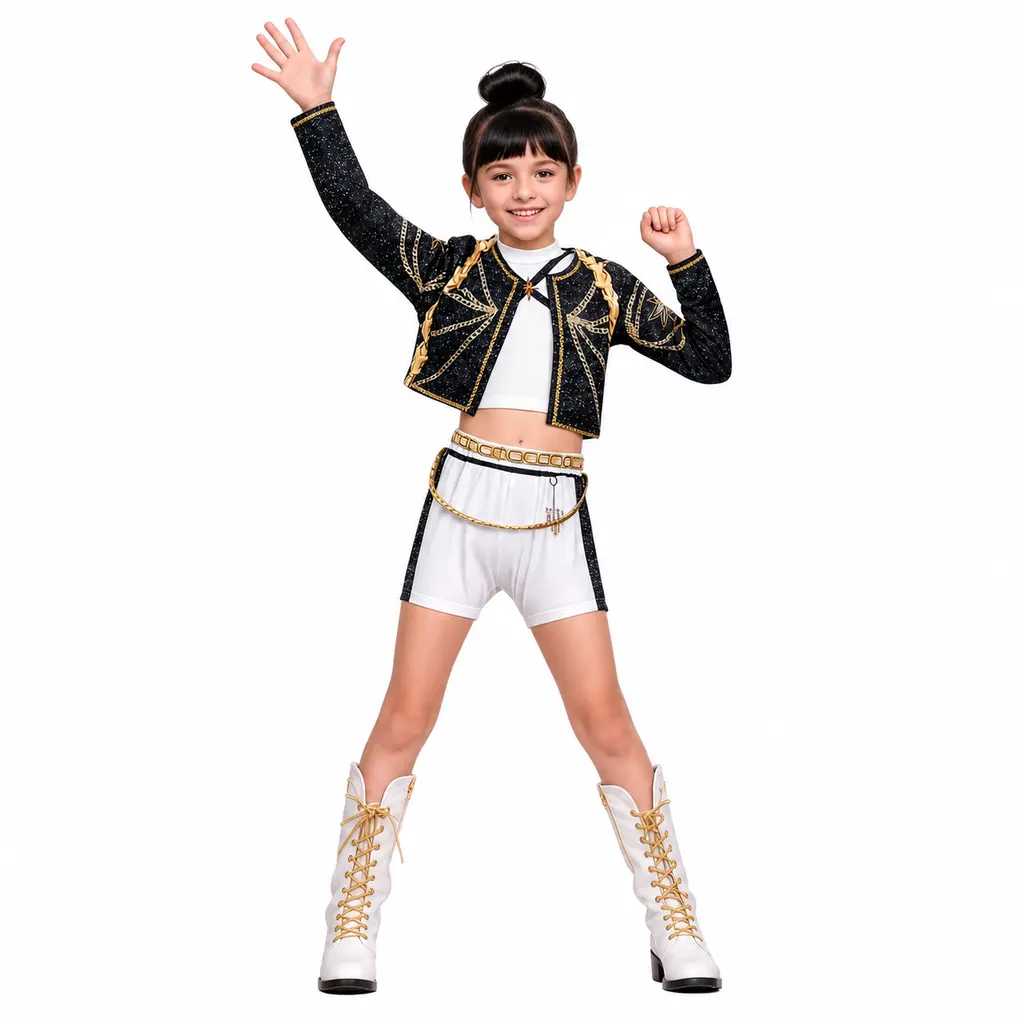 Girls Stage Costume Set 3-Piece Longsleeved Coat Vest Top Shorts Regular Fit Shiny Comfortable for Halloween Christmas Performances