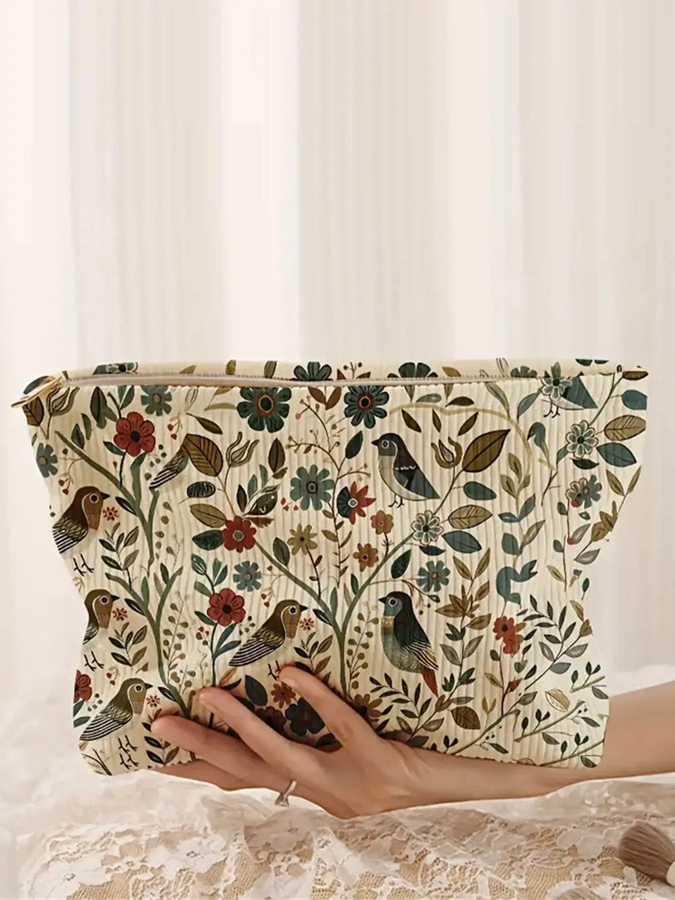 Vintage Bird & Floral Print Corduroy Makeup Bag, Aesthetic Botanical Cosmetic Pouch, Cosmetics Organizer, Large Capacity Toiletry Organizer for Women, Cottagecore Storage Bag for Daily Use, Cosmetic Travel Bags