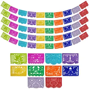 Mexican Party Banners (5 Pack - 10 Tissue Paper Flag Designs per Banner/NOT Plastic) - Papel Picado Banner - Mexican Themed Party Decorations - Papel Picado Mexicano para Fiesta - Mexican Garland Set