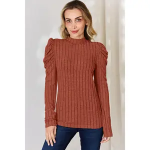 Basic Bae Full Size Ribbed Mock Neck Puff Sleeve T-Shirt