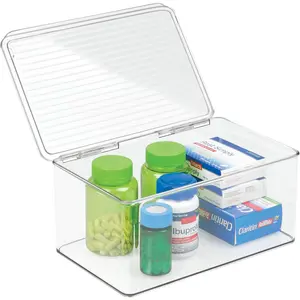 iDesign 39810 Med+ Large Plastic Bathroom Vanity Bin with Lid, Medication, Accessories, Dental Supplies, Cosmetics, BPA-Free Organizer Box, 7.25" x 10.75" x 5", Clear