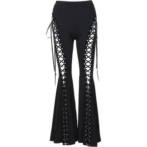 Bell Bottom Pants for Woman Gothic Black Lace-Up Cutout Stretch Punk