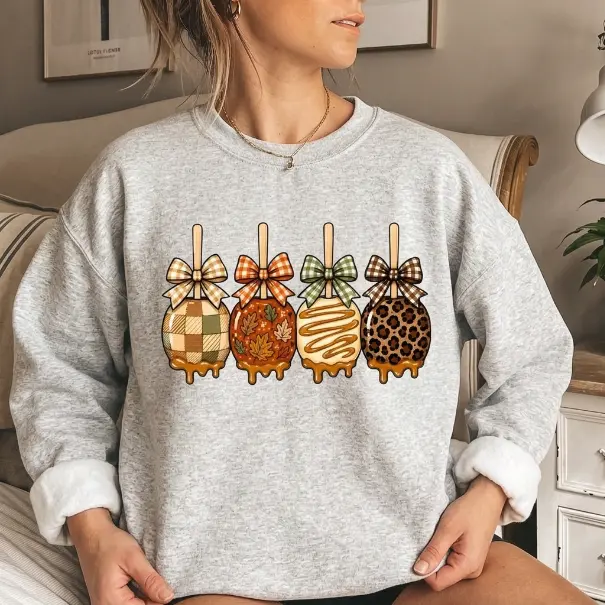 Caramel Apple Pops Sweatshirt, Cute Fall Treat Crewneck, Autumn Dessert Pullover, Cozy Apple Graphic Women Sweatshirt, Holiday Threads US