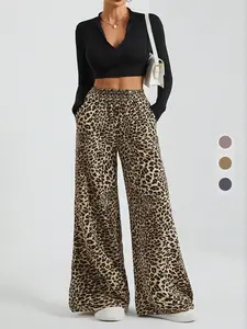 Women's Retro Leopard Print Wide Leg Pants, Loose-Fit High Waist Long Trousers, Casual Streetwear Trousers, Bohemian Bottoms, All-Season Kint Fabric, Casual Fashion for Women