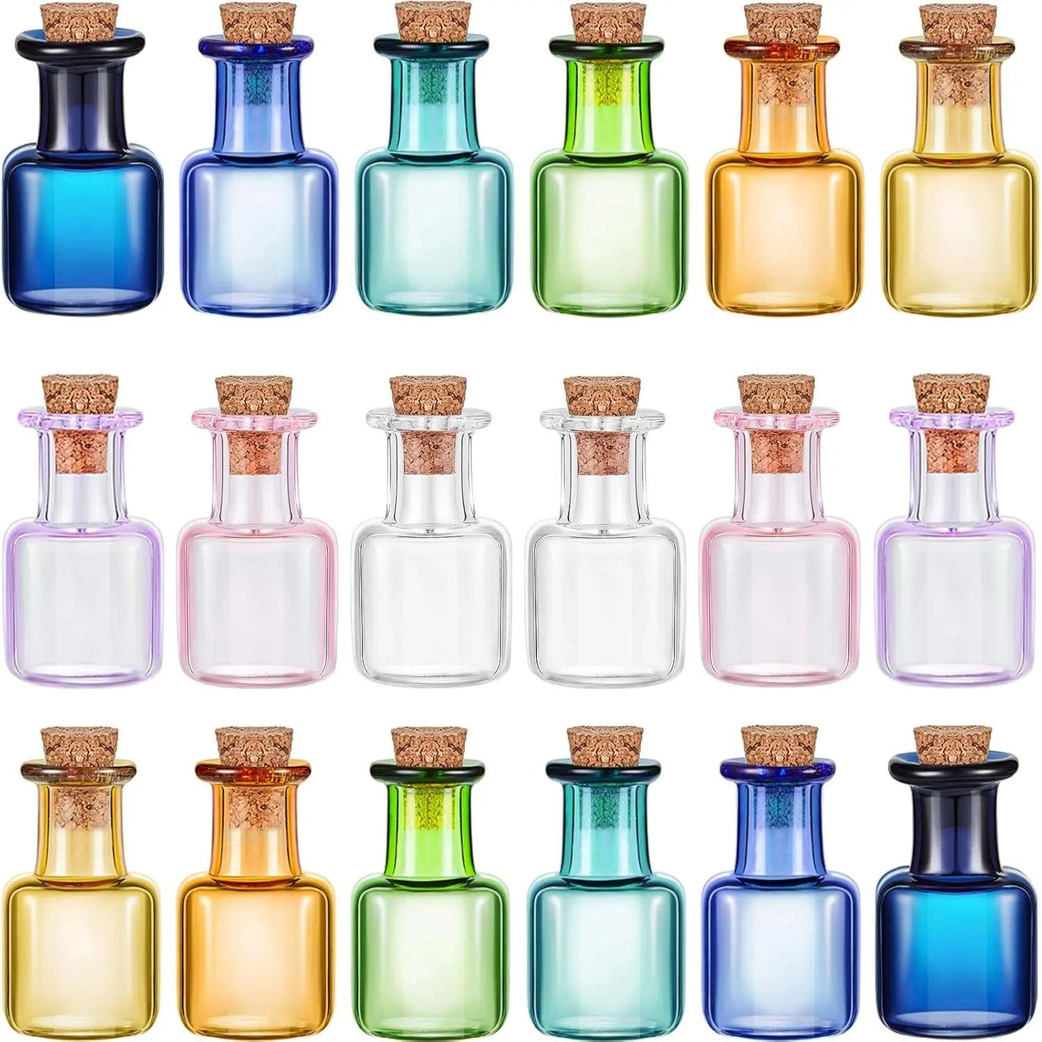18-Count Colored Spell Jars, Mini Glass Potion Containers with Cork Stoppers, Rectangle Square Bottles for Party Wedding DIY Home Decoration Supplies