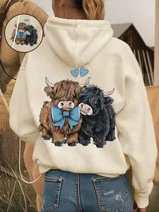 Highland Cow Couple Style Heart Hoodie, Womenswear, khaki casual pullover with bow tie + heart decorations, featuring cute cow print. Suitable for pet lovers' casual gatherings and daily looks