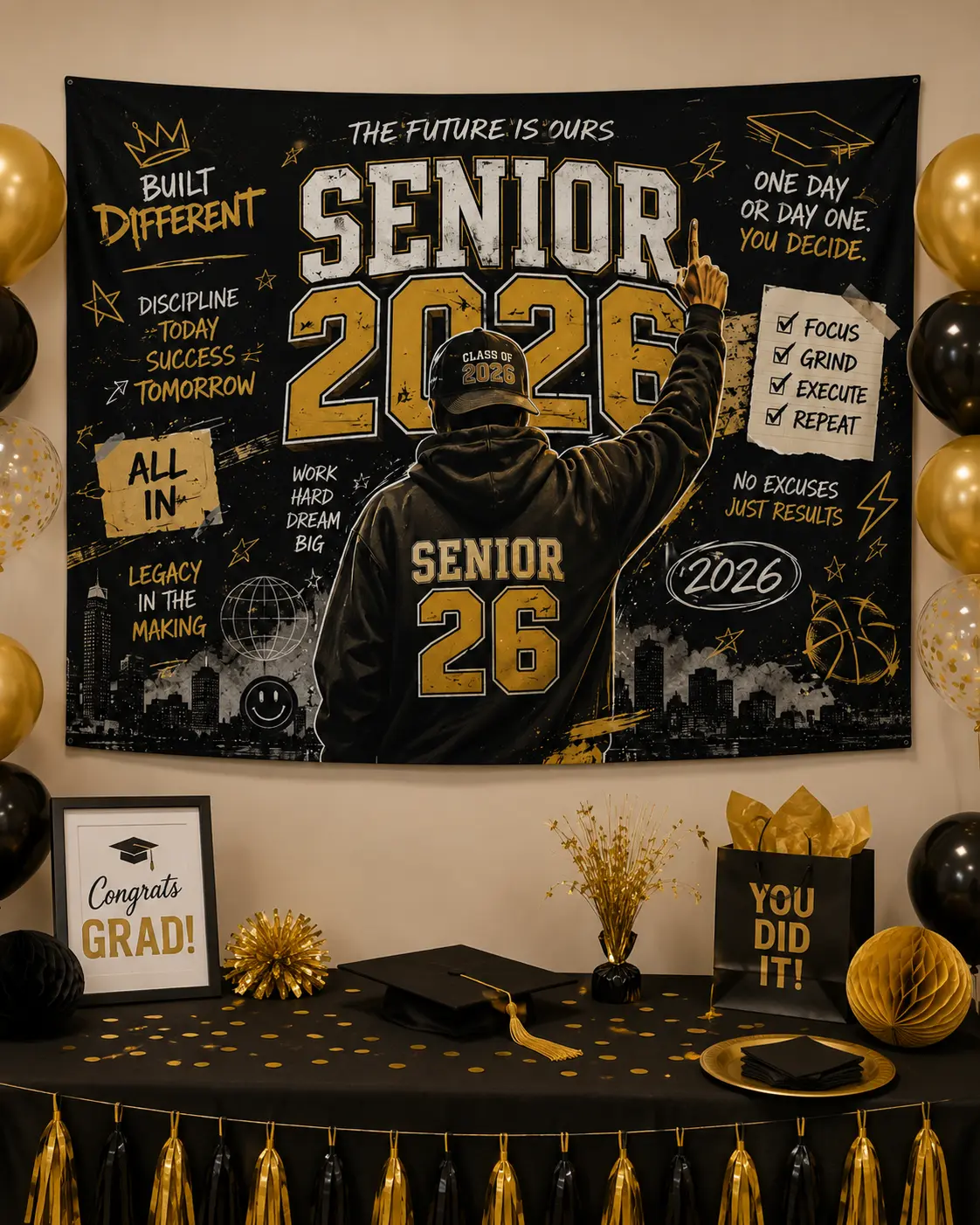 Senior 2026 Tapestry for Boys, Class of 2026 Graduation Wall Decor, Black Gold Dorm Room Hanging